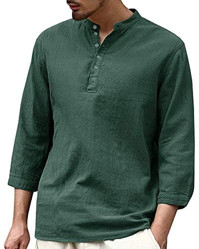 Tenkilo Mens 3/4 Sleeve Henley Shirts Banded Collar Linen Summer Beach V Neck Loose Fit Blouse T Shirt D- Green