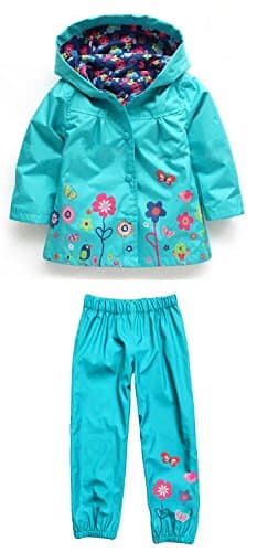 FOTTON Girl's Cute Flowers Rain Coat Pants Jacket Sets (4T, Blue)
