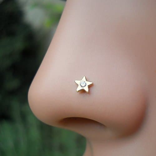 Genuine Diamond Nose Ring Stud - Cartilage Tragus Earring - 14K Solid Gold Star 20G to 16G Post