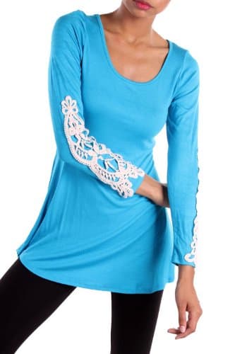 Women's Solid Top with Crochet Elbows Shirt Color Aqua Size: Small