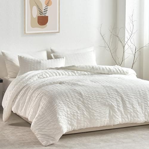 JELLYMONISeersucker Comforter Set Queen Size with Fluffy White Bed in a Bag 7-Piece All Season Bedding Set with Comforter, Pillow Sham, Flat Sheet, Fitted Sheet, PillowcasesOEKO-TEX STANDARD 100