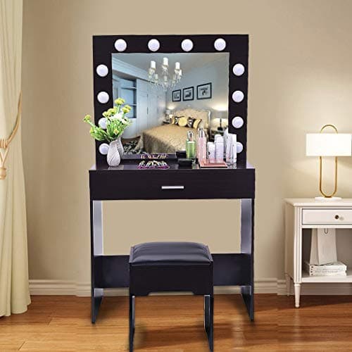 Vanity Set with Lighted Mirror, Wood Makeup Dressing Table with 12 LED Bulbs, 1 Sliding Drawer, 1 Cushioned Stool, Vanity Table Dresser Desk Vanity Benches Set for Bedroom, Bathroom (Black)