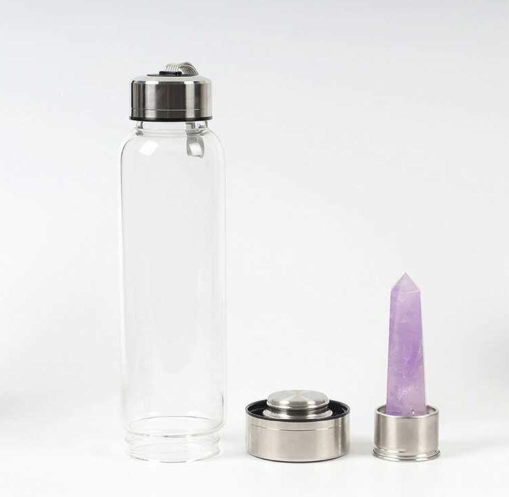 Healing Natural Quartz Water Bottle for Making Crystal Infused Gemwater – Includes Gem Stones and Protective Neoprene Sleeve,Amethystcrystal