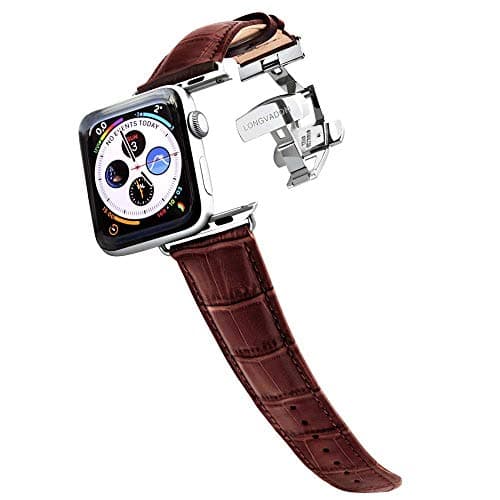 Longvadon Men's Caiman Series Watch Band - Compatible with Apple Watch 42MM (Series 1-3) & 44MM (Series 4-6) - Genuine Top Grain Leather - Mahogany Brown with Silver Details - M Size