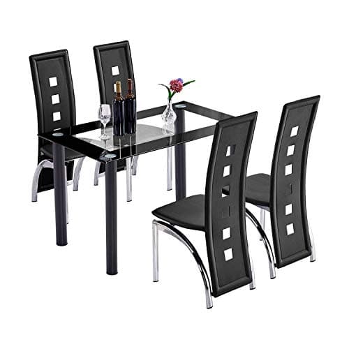 Trustiwood 5 Piece Dining Room Table Set Dinette Set Tempered Glass Table and Waterproof Faux PU Leather Chairs Kitchen Table Set Furniture Black