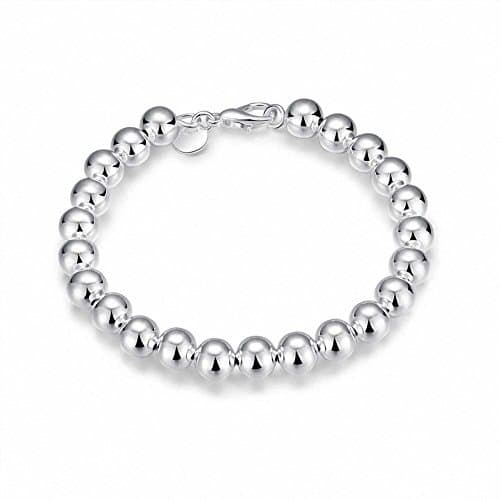 Jwoolw Womens 925 Sterling Silver Plated Round Beads Bracelet Wrist Bangle，8MM (Style 1)