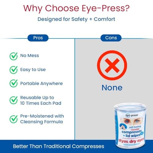 eye-press Self Heating Eye Compress and Lid Wipes, Stye Treatment, Dry Eyes, Chalazia, Blepharitis and Post Eye Surgery Relief, Soothing Moist Heat and Cleansing, 10 Reusable Eye Pads