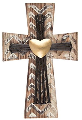 Beautiful Distressed Wood and Metal Cross with Metal Nails and Gold Metal Heart Home Wall Decor 12" x 8"