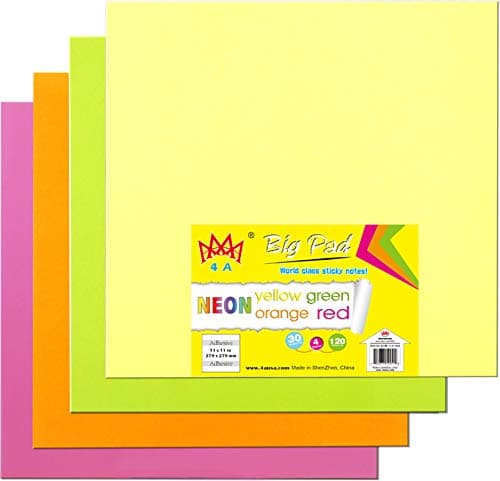 4 Pads Big Sticky Notes 11 x 11 Inches, Bright Colors, Large Sticky Notes for Wall, Giant Square Memo Post for Office, School, 30 Sheets/Pad