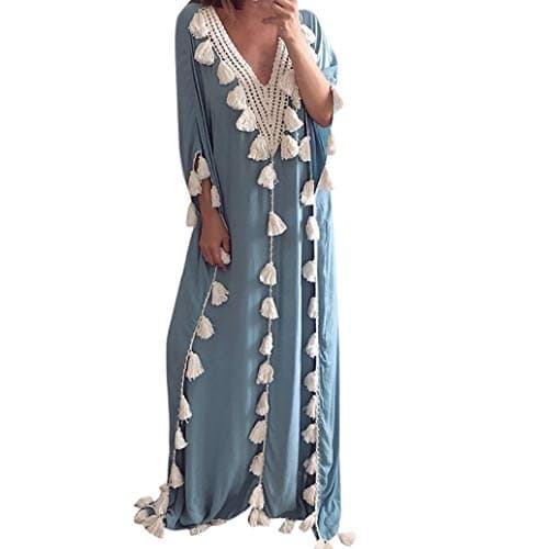 Kaftan Dresses for Women Boho Loose Tropical Oversized Sundress Pleat Tunic V Neck Long Maxi Dress JHKUNO