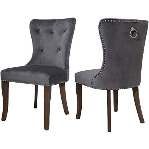 COZYWELL Dining Chair Set of 2, Grey Velvet Tufted Dining Chair Upholstered Accent Chair Button Tufted Parson Armless Chair with Nailhead Trim and Back Ring Pull (Velvet Grey)