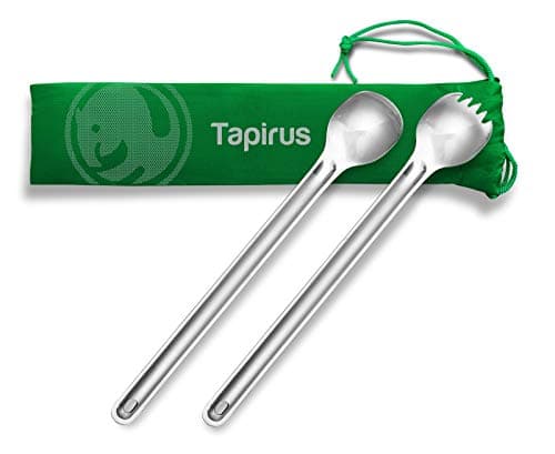 Tapirus - Long Spork and Long Spoon Set - 9.4-inch Long Deep Reach Stainless Steel Eating Utensils for MRE Bag - Keep Hands Clean and Away from Heat - Carry Bag Ideal for Hiking, Camping, Backpacking