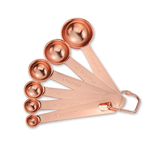 Measuring Spoons Set, ChicAid Rose Gold Plated Metal Teaspoons and Tablespoons, with Detachable Ring Holder, for Dry and Liquid, Fits in Spice Jar, Set of 6