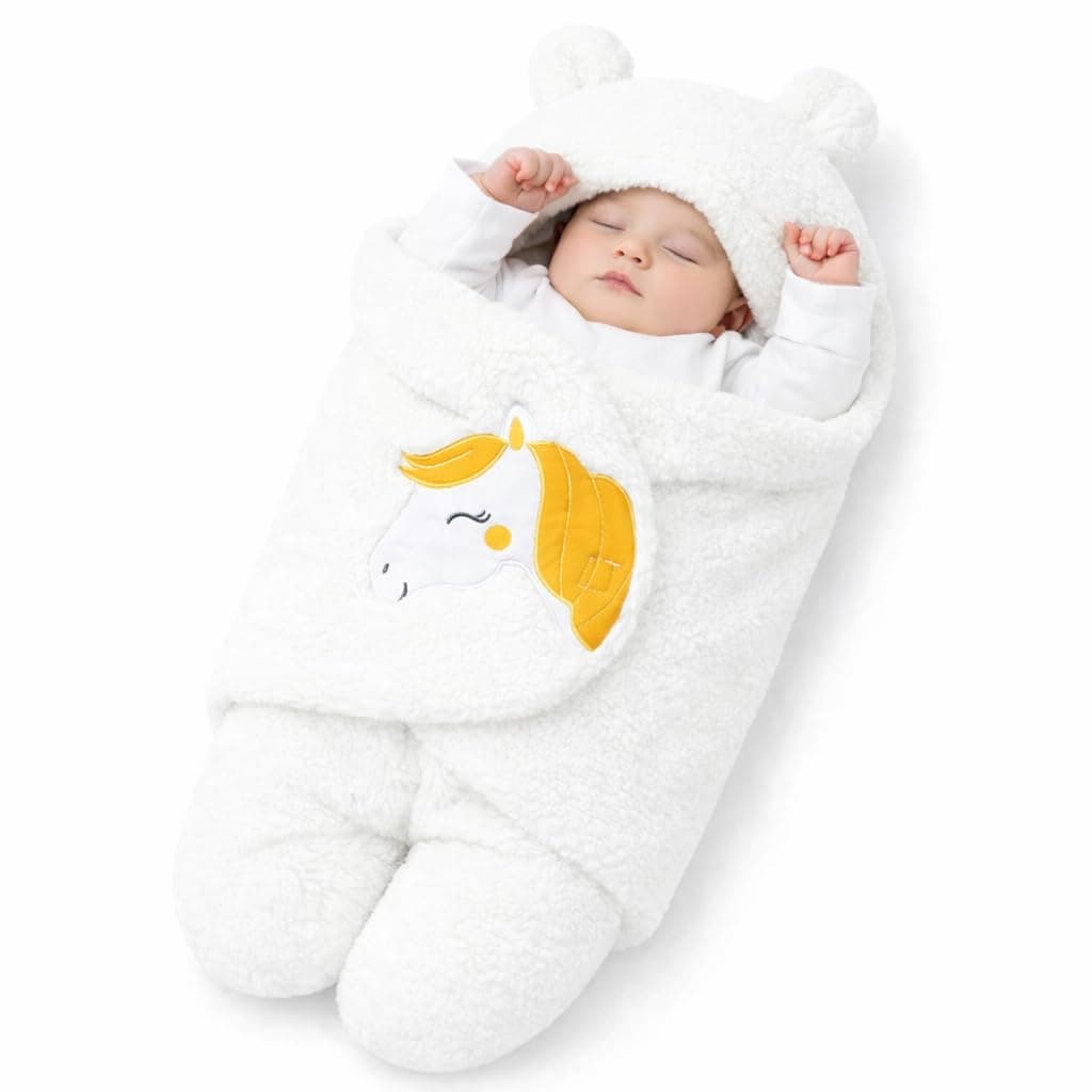 BRANDONN Baby Swaddle Wrap for Newborn 0–9 Months | Wearable Flannel Baby Sleeping Bag with Hood & Velcro | All Season Baby Blanket, Carry Wrap, Winter Swaddle for Boys & Girls (68 × 68 cm)