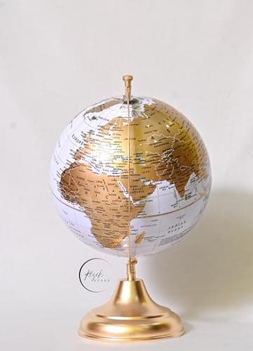 RIZIK STORE™ Educational World 10" Globe with Heavy Metal ARC and Base/Home Decor/Political Globe/Office Globes for Kids & Students (10" White gold)