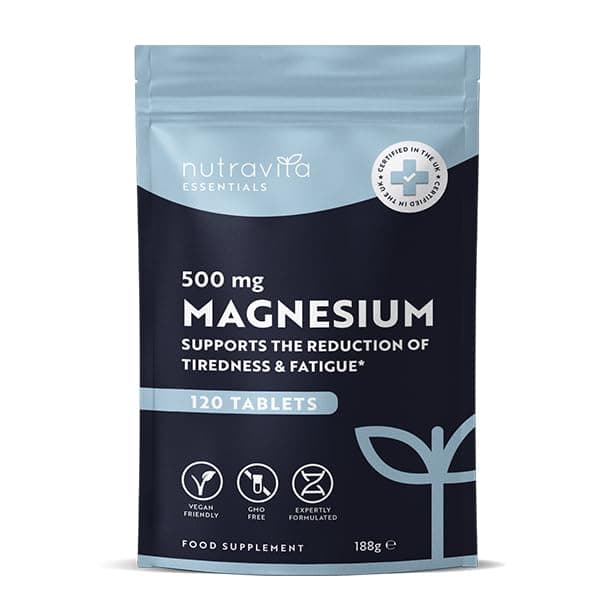 Nutravita Magnesium Supplements 500mg - 120 Vegan High Strength Tablets – 4 Month Supply – Supports Muscle Function, Tiredness, Energy, Bones, Nervous System - Letterbox Friendly - UK Made