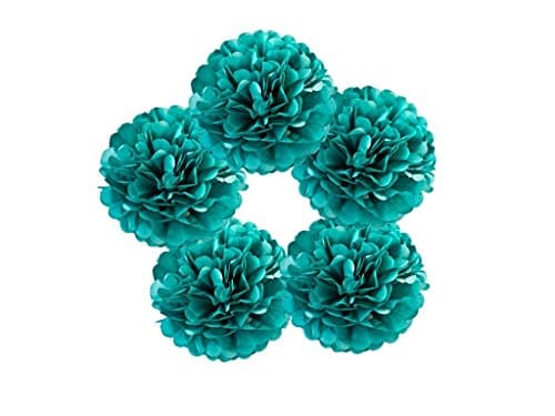 Hanzen 5 Pcs Mixed 10" 14" Teal Blue Tissue Paper Pom Poms Flower Balls For Birthday Wedding Party Baby Shower Outdoor Decorations (Teal)