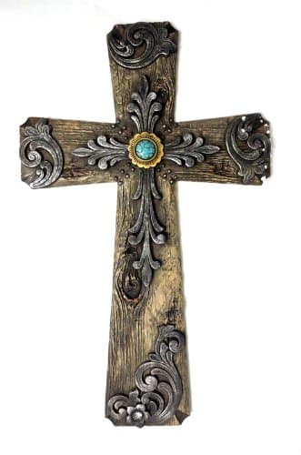 Beautiful Wall Cross with Turquoise Gem Stone, Realistic Wood Texture with Cross in Middle