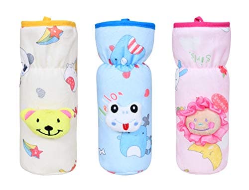 THE LITTLE LOOKERS Soft Plush Stretchable Baby Feeding Bottle Cover with Easy to Hold Strap | Cute Animated Overall Print Pack of 3 (Multicolor, Narrow Neck 240ml/8oz)
