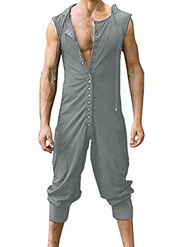 Men's Button Sleeveless Hoodie Jumpsuit Summer Casual Romper Overalls,Gray,Large