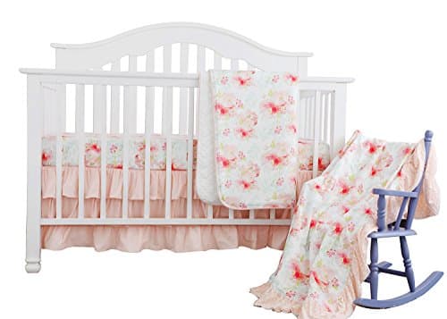 Blush Mint Girls Crib Bedding Set Boho Bohemian Floral Nursery Baby Bedding Mini Crib Sheet Floral Ruffled Crib Skirt Crib Rail Cover (3 Pieces Set)
