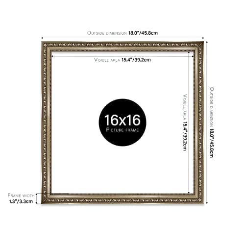 Almost Frameless 16x16 Gunmetal Ornate Picture Frame 16"x16"(40.6x40.6cm) Poster, Photo, Artwork, or Print. Opulent Style Portrait and Landscape Display with Wall Hooks
