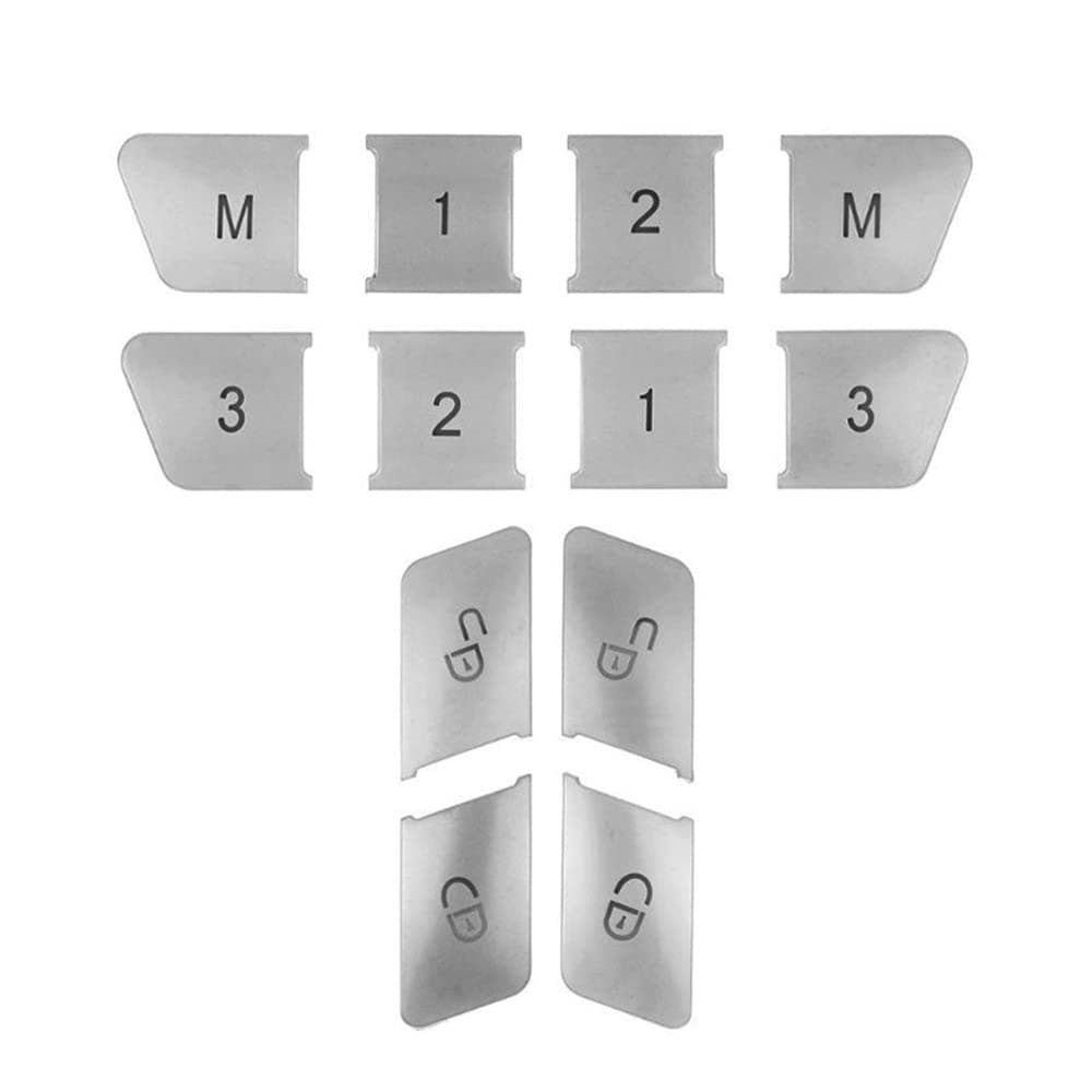 Silver Car Lock Unlock Button Sticker Door Memory Seat Adjust Switch Button Cover Trim Sticker for Mercedes Benz Mercedes Benz CLA GLA GLK GLE CLS GL ML A B C E Class W204 W212 W218 X204 X166