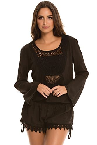 An Elan Gorgeous Long Sleeve Crochet Front Open Back Romper (VOC7046)