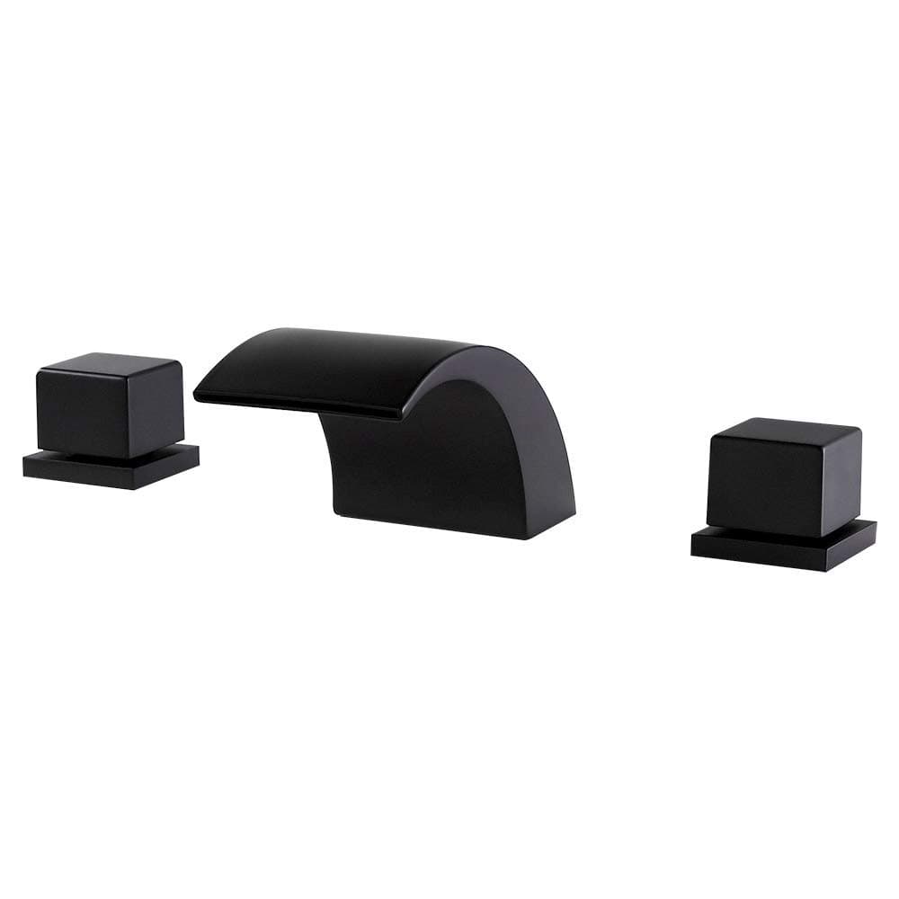 Waterfall Widespread Bathroom Sink Faucet 2 Handle 3 Hole Black Matte Basin Mixer Tap with Double Square Knobs, Solid Brass