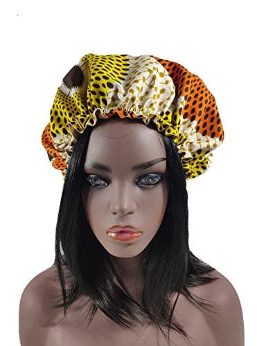 African Show Ankara Seeping Cap Bonnet Satin Lined Bonnets Wax Print Fabric Bonnets for Women/Girls（2 Caps;1 Big and 1Small） (Circle 2)