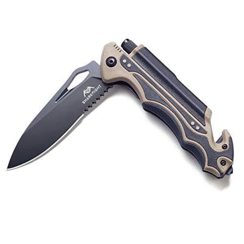 Sharknight Survival Knife, 5-in-1 Pocket Folding Knife with AUS-8 Blade Ball Bearing Pivot System LED Light Magnesium Fire Starter Seatbelt Cutter Glass Breaker