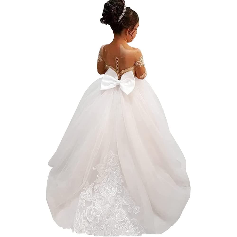 Lace Embroidery Sheer Long Sleeves Kids Trailing Gowns