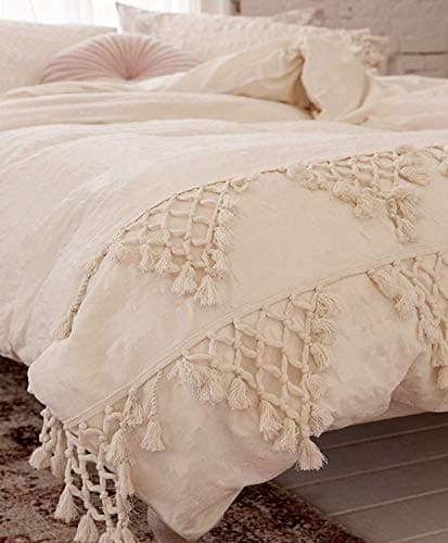 Ivory Duvet Cover King Boho Cotton Tassel Bedspreads Comforter Quilt Cover , 86inx90in