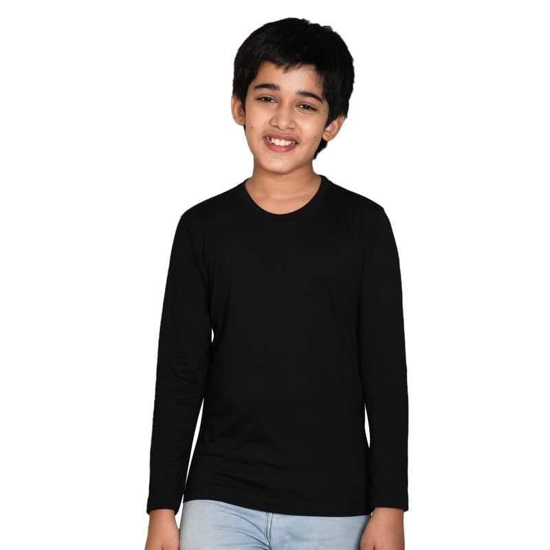 NusylBoys Boys Black Bio Washed Cotton Full Sleeve Solid Tshirt Western