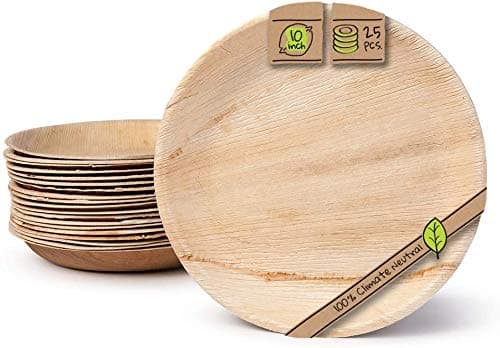 200 x Plates, Reusable Takeaway Palm Leaf Plates [25cm Round, 200 pcs] Eco Strong Wooden Party Plate, for Parties with Paper Cutlery Bowls Cups Spoons Forks