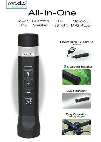 Avido All-in-One 4 Functions [2600mAh USB Power Bank, Bluetooth Speaker, Bright LED Flashlight, Micro-SD Card MP3 Player] Device with Bicycle/Handlebar Clip - (Black & Silver)