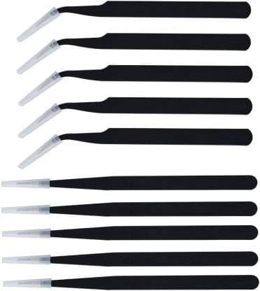 Set of 10 Non Magnetic ESD Safe Black Coated Tweezers - 5 Straight & 5 Curved
