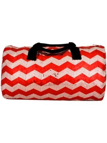 21" RED Sequined Chevron Duffle Bag, Sequin Covered Soft Canvas Construction * Zip Top Closure * Fully Lined * Inside Zip Pocket * Back Open Pocket * 2 Side Open Pockets * Long Adjustable Shoulder Strap * Double Handle with 5" Drop * 13.5 Tall X 21" Wide X 8" Deep
