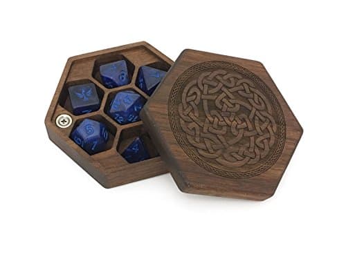 Pocket Sized Hex Dice Wood Chest with Magnetic Lid - Perfect for DnD, Magic the Gathering Dice Counters and Any Other Tabletop Games (Walnut/Celtic)