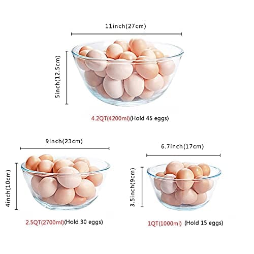 Glass Mixing Bowls Set of 3 for Kitchen, Baking, Prep, Serving, Cooking, 1.1QT, 2.5QT, 4.2QT Large Salad Bowl Set, High Carbonated Bowl Set, Stackable Non-Toxic, Microwave Safe and Great Gift