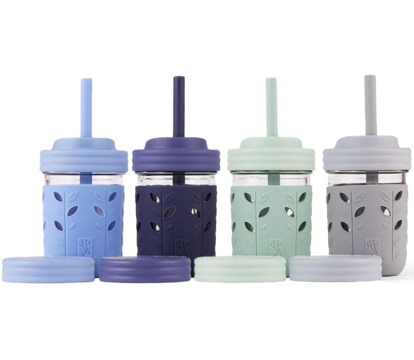 Kids + Toddler Glass Cups | The Original 8oz Glass Mason Jar with Sleeves + Lids | Silicone Straws + Stopper | Smoothie Cup | Food Storage | Spill Resistant | Dishwasher Safe | 4 Pack