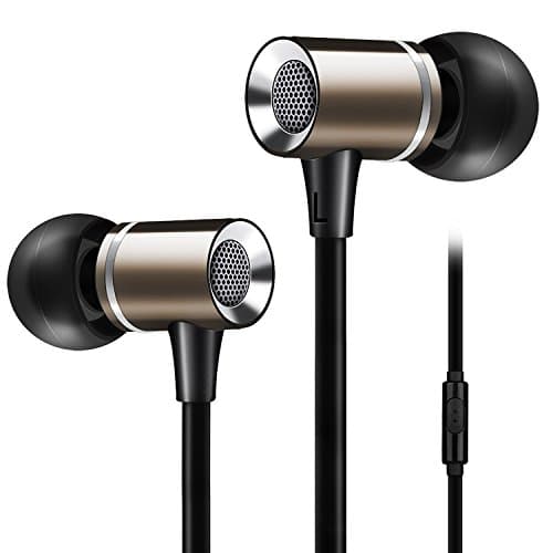 Ear buds, Bass Noise Cancelling Earbuds Flat Cord In-ear Headphones Wired Ear Phones with Microphone for Computer Laptop Android iPhone - Brown