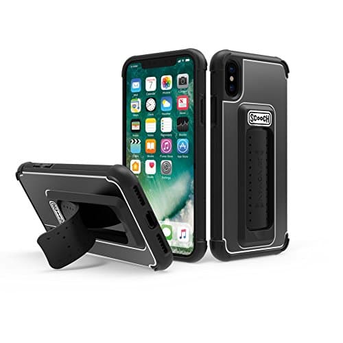 ScoochWingman Kickstand Case Compatible with iPhone X Case/iPhone Xs Case [10 ft Drop Protection] [Two-Way Stand] Shockproof Protective Cover with Metal Badge for Magnetic Car Mount (Black)