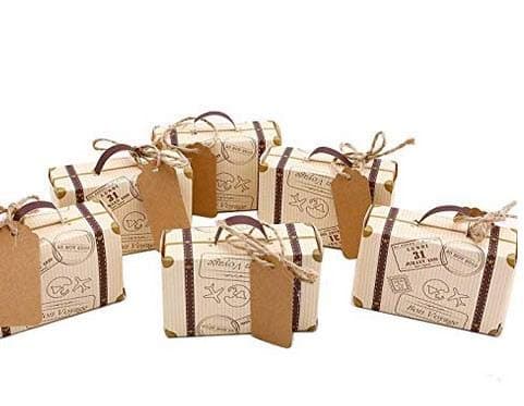 Morinostation 50pcs Mini Suitcase Favor Box Party Favor Candy Box, Vintage Kraft Paper with Tags and Burlap Twine for Wedding/Travel Themed Party/Bridal Shower Decoration
