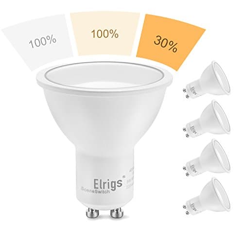 Elrigs LED SceneSwitch Light Bulb, 3 Color in 1 Bulb, 3 Step Dimming, GU10, 5/5/1.5 Watt(40 Watt Equivalent), 120 Volt, 500/500/150-Lumen, 6000/3000/2700-Kelvin, Pack of 4