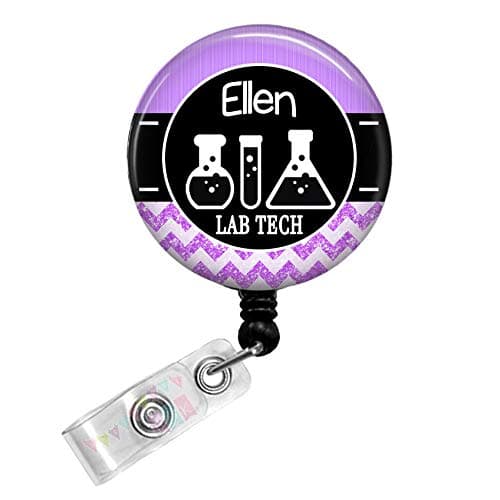 Personalized - Lab Tech with Beakers - Purple - Glitter Chevron - Button Badge Reel - BR0032