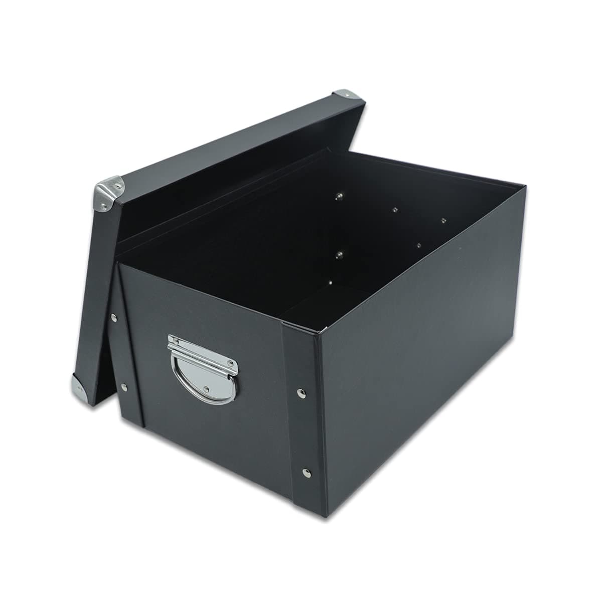 GUOZI Foldable Storage Box, Decorative Memory Box with Lid & Metal Reinforced Corners, Cardboard File Box with Handle (Black, 35 x 25 x 17.5 cm)