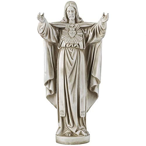 Sacred Heart Holy Religious Garden Statue, 10 inches Wide, 22 inches Tall, Cast Stone Resin, Antique Stone Finish