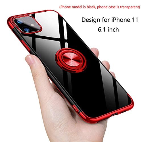 Weixiltc Crystal Clear Case for iPhone 11 Design Ultra Thin Soft Silicone TPU Material Edge Plating Compatible Apple 11 Transparent Cover with 360 Degree Rotation Finger Ring Holder Kickstand Red