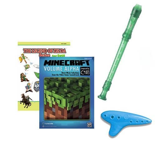 Legend of Zelda Series Easy Piano Book/Minecraft Volume Alpha 2 Piano Book Bundle w/Green Recorder & Blue Zelda Ocarina of Time